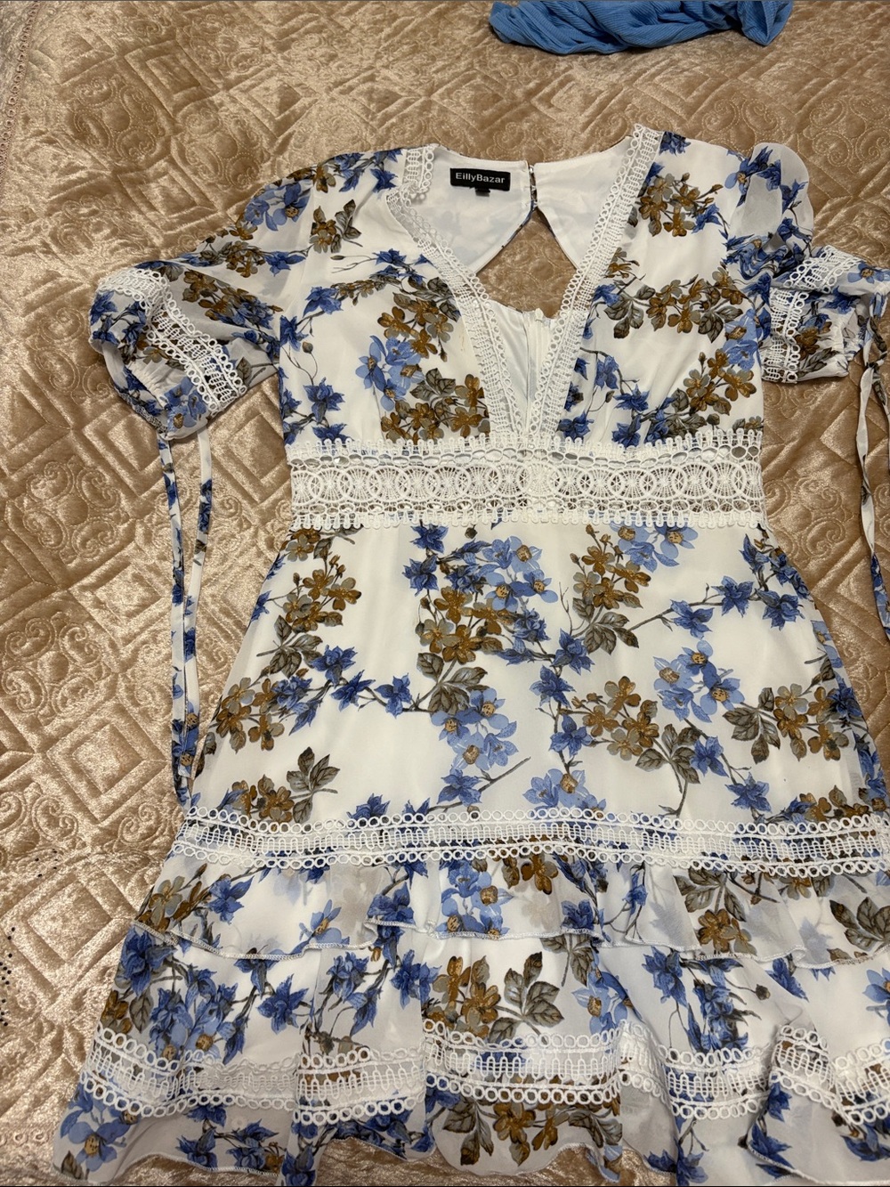 White Floral Lace Trim Dress in Blue & Brown